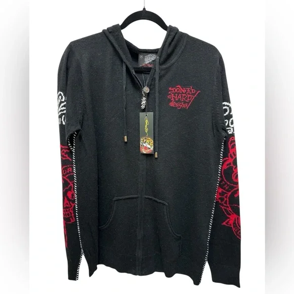 🔥 NWT! Ed Hardy Tiger Special Knit Full Zip Lightweight Sweater Hoodie